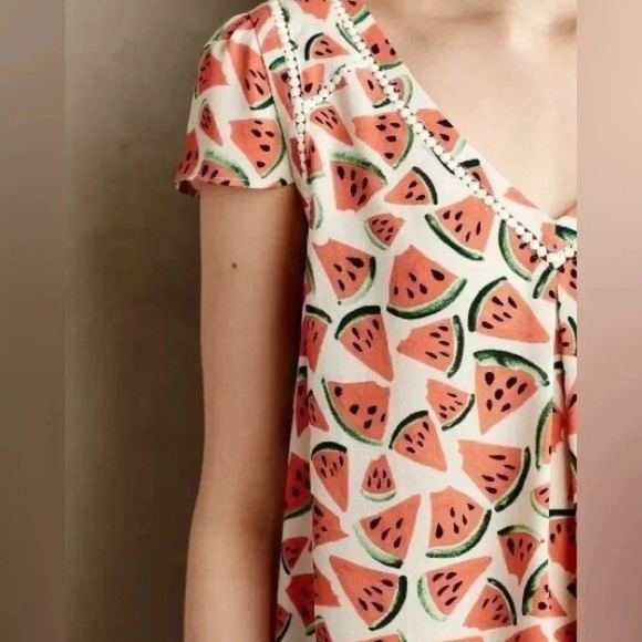 Anthropologie Maeve Picnic Days Watermelon Print Short Sleeve Top Blouse Size 0 - Picture 1 of 8